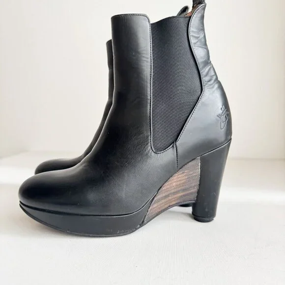 John Fluevog Paglia Black wedge Heels Leather Boots 8 - Picture 6 of 10